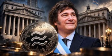 Composición que incluye al presidente Javier Milei, la criptomoneda LIBRA y edificios de los tribunales de Estados Unidos y Argentina.