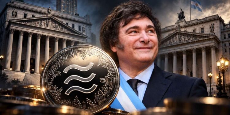 Composición que incluye al presidente Javier Milei, la criptomoneda LIBRA y edificios de los tribunales de Estados Unidos y Argentina.