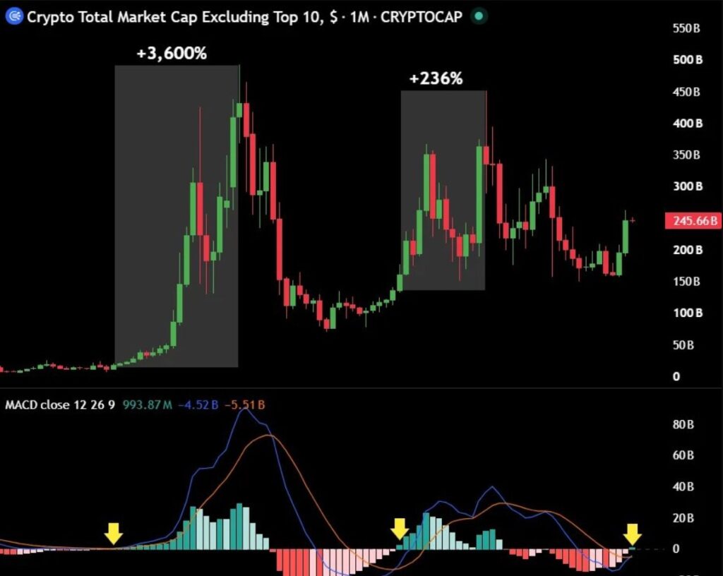 Gráfico de velas rojas y verdes y franjas de colores que representan la capitalización de las altcoins y su MACD.