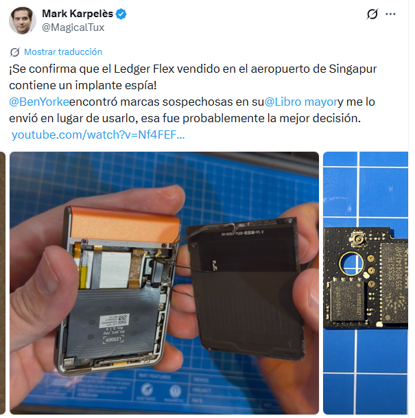 Publicación de
Mark Karpelès en X, donde confirma la vulneración del dispositivo Ledger Stax.