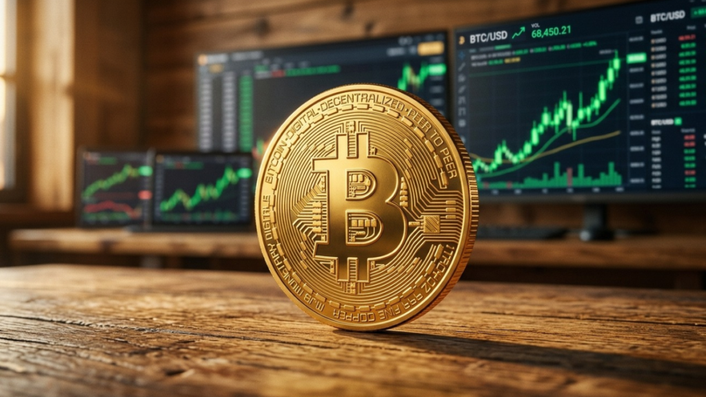 Moneda física dorada de Bitcoin apoyada sobre una mesa de madera con gráficos alcistas verdes en pantallas de fondo.