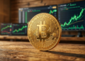 Moneda física dorada de Bitcoin apoyada sobre una mesa de madera con gráficos alcistas verdes en pantallas de fondo.