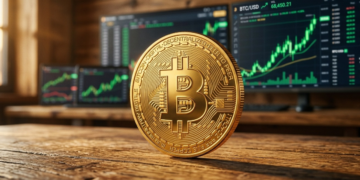 Moneda física dorada de Bitcoin apoyada sobre una mesa de madera con gráficos alcistas verdes en pantallas de fondo.