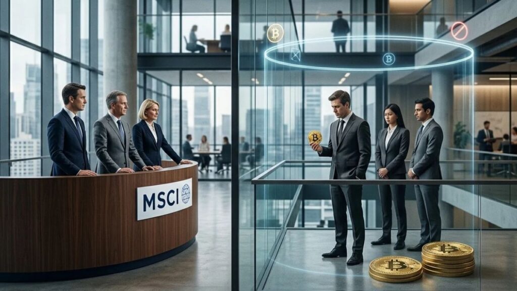 oficina corporativa con ejecutivos de MSCI observando a un grupo aislado dentro de una barrera digital de Bitcoin.