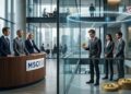 oficina corporativa con ejecutivos de MSCI observando a un grupo aislado dentro de una barrera digital de Bitcoin.