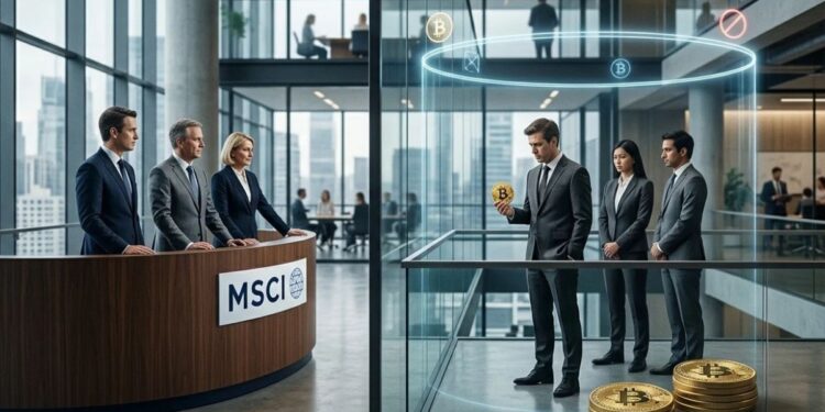 oficina corporativa con ejecutivos de MSCI observando a un grupo aislado dentro de una barrera digital de Bitcoin.