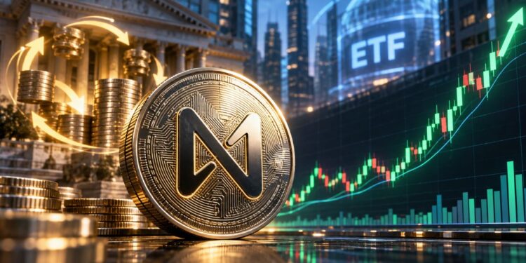 Una moneda física de NEAR delante de un edificio de Wall Street y una pantalla que muestra gráficos de precios.