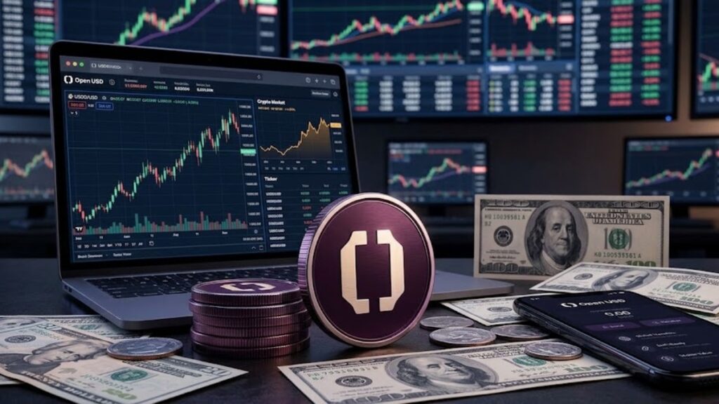 Moneda de OUSD en un escritorio con dólares en efectivo y gráficos de mercado en el fondo.