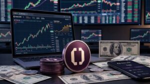 Moneda de OUSD en un escritorio con dólares en efectivo y gráficos de mercado en el fondo.