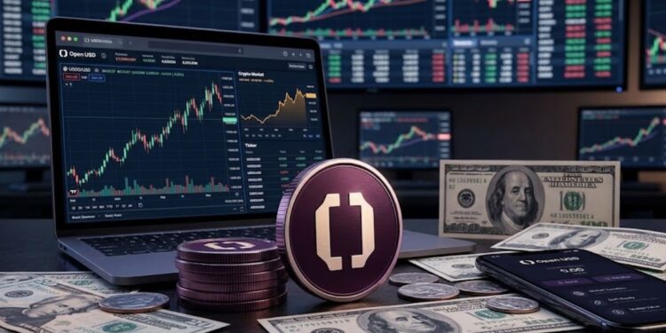 Moneda de OUSD en un escritorio con dólares en efectivo y gráficos de mercado en el fondo.