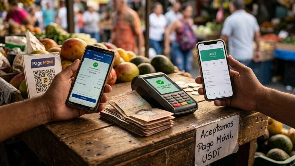 Dos teléfonos móviles en las manos de dos personas mostrando transacciones digitales de Pago Móvil y USDT sobre el mostrador de madera de un mercado en Venezuela.