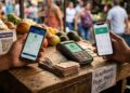 Dos teléfonos móviles en las manos de dos personas mostrando transacciones digitales de Pago Móvil y USDT sobre el mostrador de madera de un mercado en Venezuela.