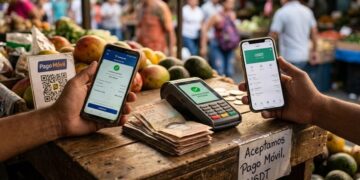 Dos teléfonos móviles en las manos de dos personas mostrando transacciones digitales de Pago Móvil y USDT sobre el mostrador de madera de un mercado en Venezuela.