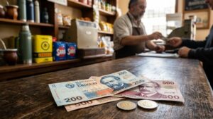 Billetes y monedas de pesos uruguayos sobre el mostrador de madera de un comercio local en Uruguay.
