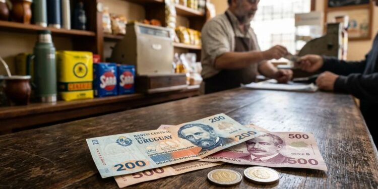 Billetes y monedas de pesos uruguayos sobre el mostrador de madera de un comercio local en Uruguay.