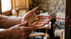 primer plano de las manos de una persona mayor, curtidas por el trabajo, sosteniendo la llave de una casa sobre la palma abierta. De la llave sale un cordón rojo fino que se tensa hacia fuera del encuadre, sujeto a un sello de lacre oficial apenas visible en el borde. Luz natural de ventana, tonos ocres y grises, fondo desenfocado de un salón sencillo.