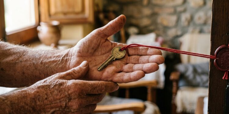 primer plano de las manos de una persona mayor, curtidas por el trabajo, sosteniendo la llave de una casa sobre la palma abierta. De la llave sale un cordón rojo fino que se tensa hacia fuera del encuadre, sujeto a un sello de lacre oficial apenas visible en el borde. Luz natural de ventana, tonos ocres y grises, fondo desenfocado de un salón sencillo.