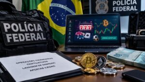 Material de investigación de la Policía Federal de Brasil sobre criptomonedas, lavado de dinero y apuestas ilegales.