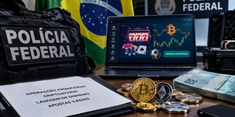 Material de investigación de la Policía Federal de Brasil sobre criptomonedas, lavado de dinero y apuestas ilegales.