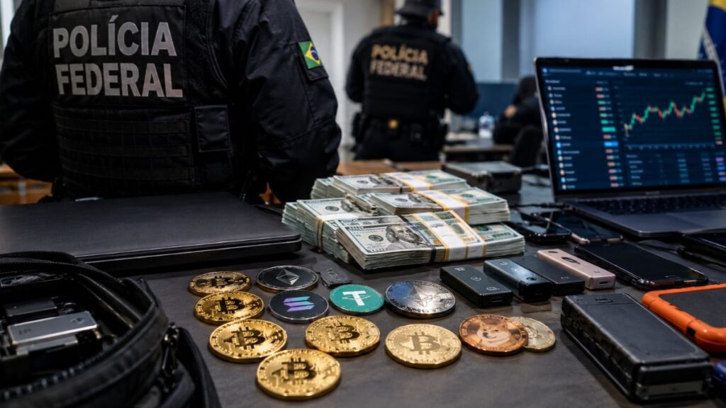 Agentes de la Policía Federal de Brasil junto a fajos de dólares, criptomonedas y computadoras incautadas.