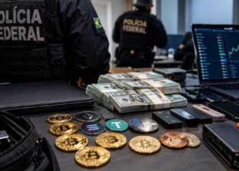 Agentes de la Policía Federal de Brasil junto a fajos de dólares, criptomonedas y computadoras incautadas.