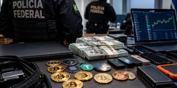 Agentes de la Policía Federal de Brasil junto a fajos de dólares, criptomonedas y computadoras incautadas.