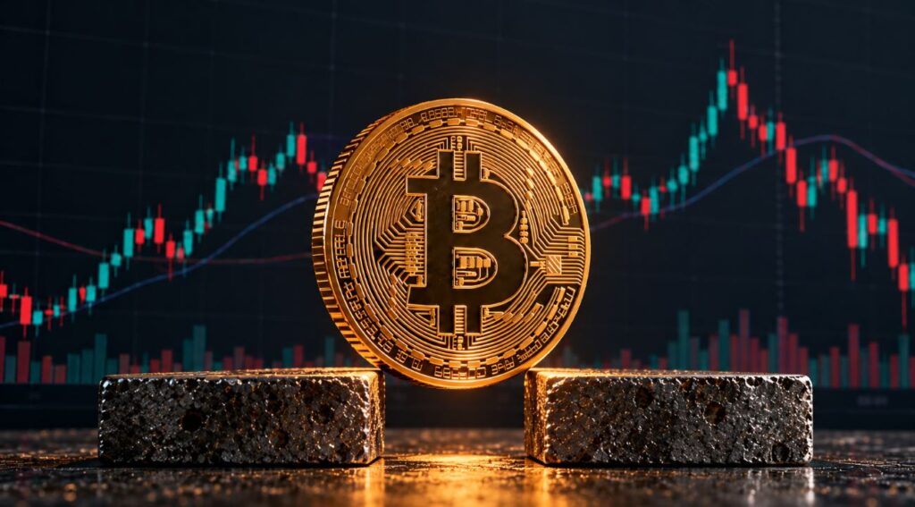 Una moneda física de bitcoin sobre dos bloques de piedra.