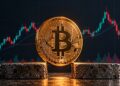 Una moneda física de bitcoin sobre dos bloques de piedra.