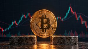 Una moneda física de bitcoin sobre dos bloques de piedra.