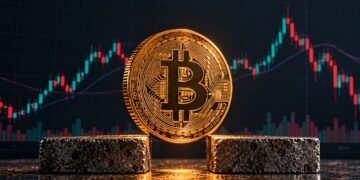 Una moneda física de bitcoin sobre dos bloques de piedra.