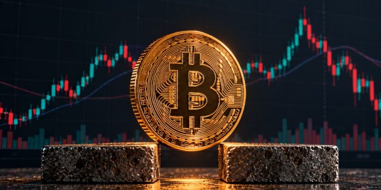 Una moneda física de bitcoin sobre dos bloques de piedra.