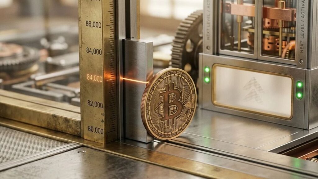 Moneda de Bitcoin cruzando un sensor láser marcando la cifra 84.000 en un mecanismo conceptual.