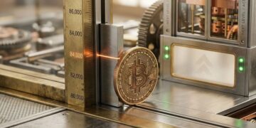 Moneda de Bitcoin cruzando un sensor láser marcando la cifra 84.000 en un mecanismo conceptual.