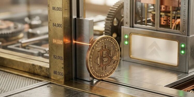Moneda de Bitcoin cruzando un sensor láser marcando la cifra 84.000 en un mecanismo conceptual.