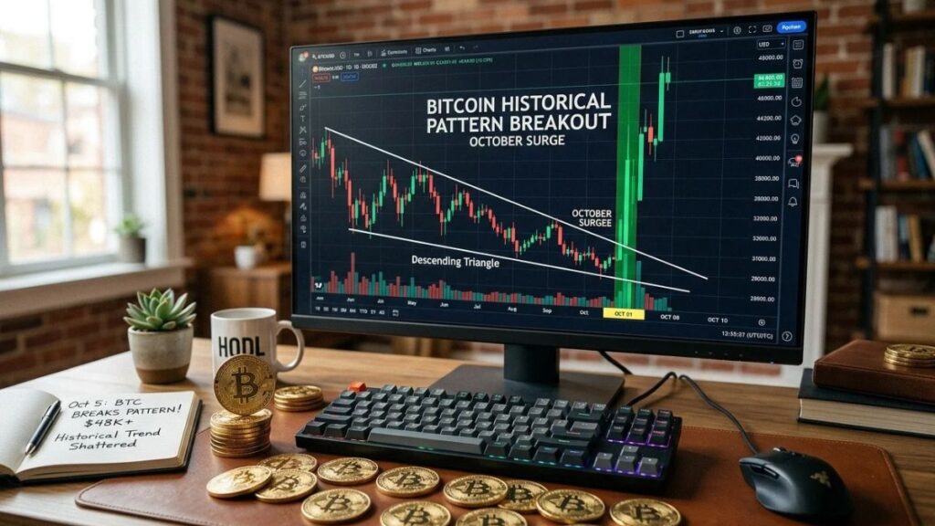 Escritorio con monitor que muestra una gráfica de trading de Bitcoin, monedas físicas de bitcoin y una taza de "HODL" cerca.