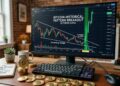 Escritorio con monitor que muestra una gráfica de trading de Bitcoin, monedas físicas de bitcoin y una taza de "HODL" cerca.