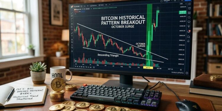Escritorio con monitor que muestra una gráfica de trading de Bitcoin, monedas físicas de bitcoin y una taza de "HODL" cerca.