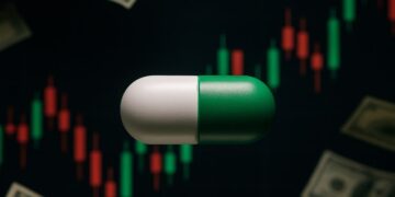 Una píldora verde y blanca delante de un gráfico de precios.