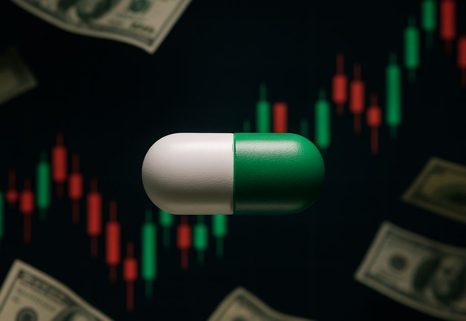 Una píldora verde y blanca delante de un gráfico de precios.