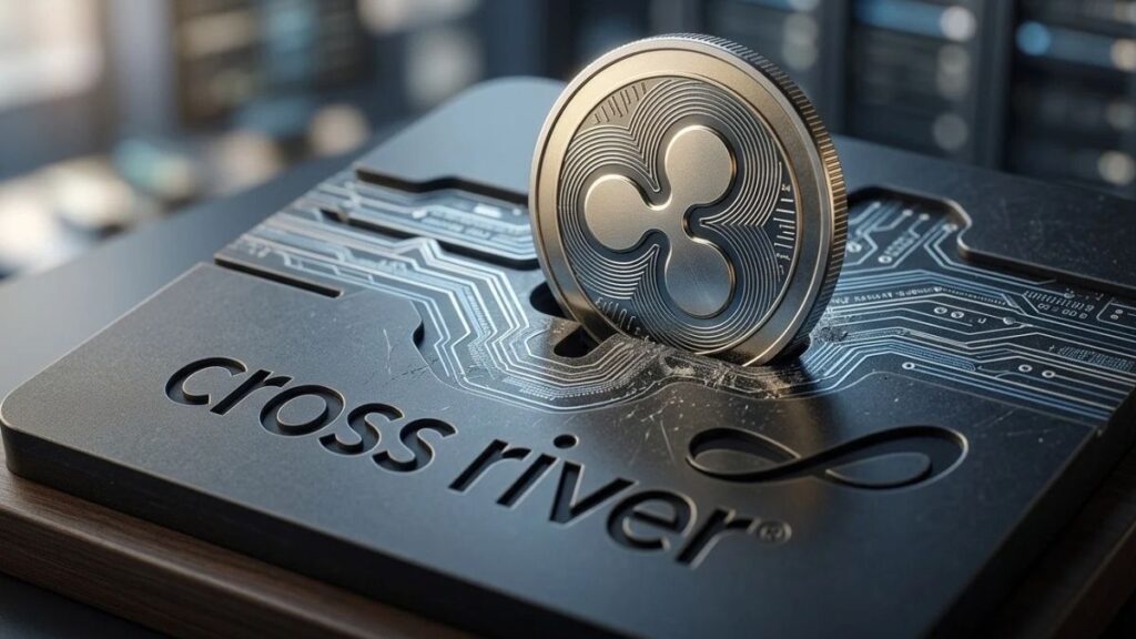 Moneda física con el símbolo de Ripple siendo insertada en una plataforma tecnológica con el logo grabado de Cross River.