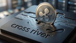 Moneda física con el símbolo de Ripple siendo insertada en una plataforma tecnológica con el logo grabado de Cross River.
