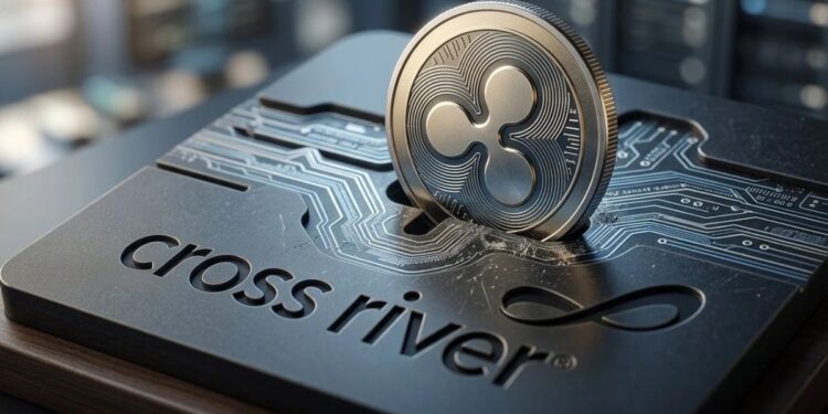 Moneda física con el símbolo de Ripple siendo insertada en una plataforma tecnológica con el logo grabado de Cross River.
