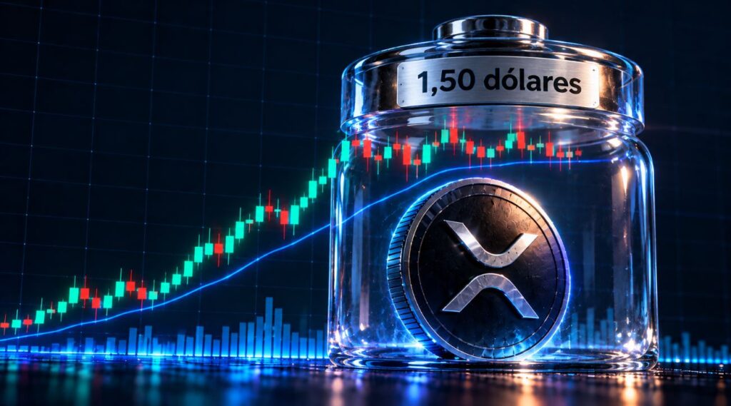 Una moneda física de XRP dentro de un frasco que dice 1,50 dólares.