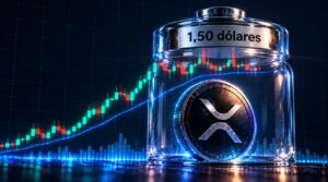 Una moneda física de XRP dentro de un frasco que dice 1,50 dólares.