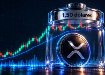 Una moneda física de XRP dentro de un frasco que dice 1,50 dólares.