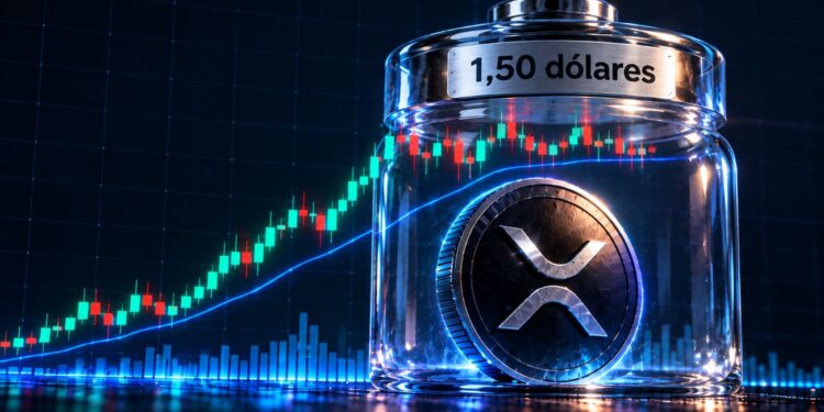 Una moneda física de XRP dentro de un frasco que dice 1,50 dólares.