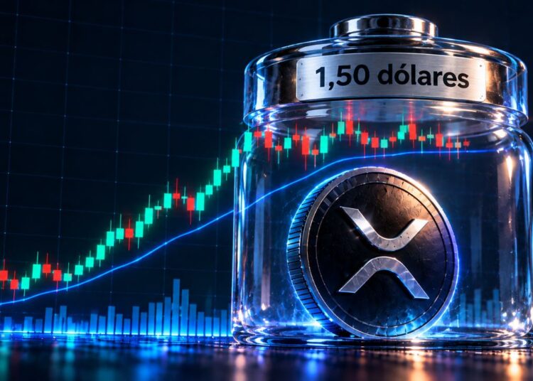 Una moneda física de XRP dentro de un frasco que dice 1,50 dólares.