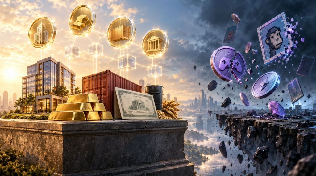 Activos reales tokenizados, como inmuebles, oro o materias primas, frente a monedas que representan a las ICO, los NFT y el play-to-earn.