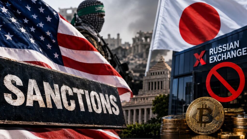 Cartel de "Sanctions" junto a las banderas de EE. UU. y Japón, un combatiente de Hamás, el texto "Russian Exchange" con un símbolo de prohibición y monedas de Bitcoin.