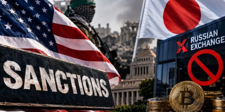 Cartel de "Sanctions" junto a las banderas de EE. UU. y Japón, un combatiente de Hamás, el texto "Russian Exchange" con un símbolo de prohibición y monedas de Bitcoin.